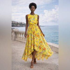 Floral print satin dress.